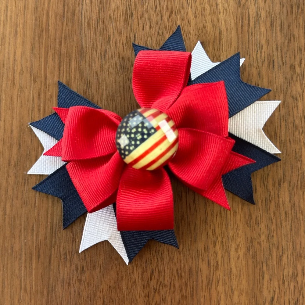 Red/White/Blue Flag Embellished Hair Bow with Clip - Handmade by Me